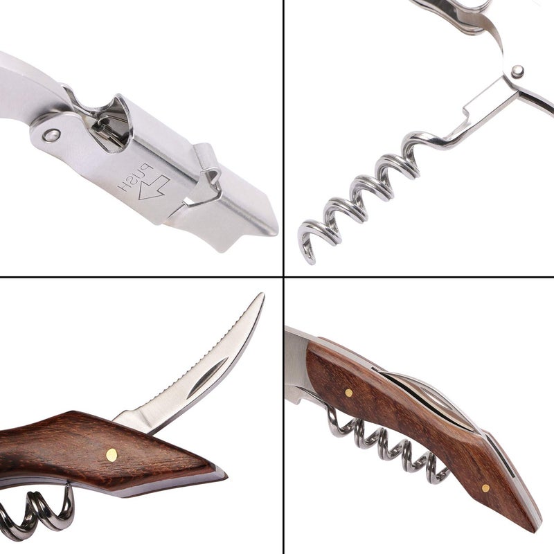 Mini Skater Professional Wine Opener Keys Natural Wood Handle Double-Hinged Stainless Steel Screw Beer Bottle Corkscrew with Leather Pouch For Bartenders Waiters Servers,1Pcs (B Style + Pouch) - Image 3